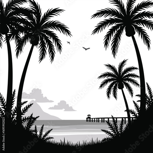 Tropical beach with palm trees, pier, and distant mountains with clouds
