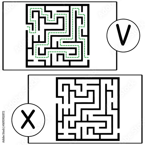 Illustration with labyrinth, maze conundrum for kids. Baby puzzle with entry and exit. Children puzzle game. Wrong and right for labyrinth.