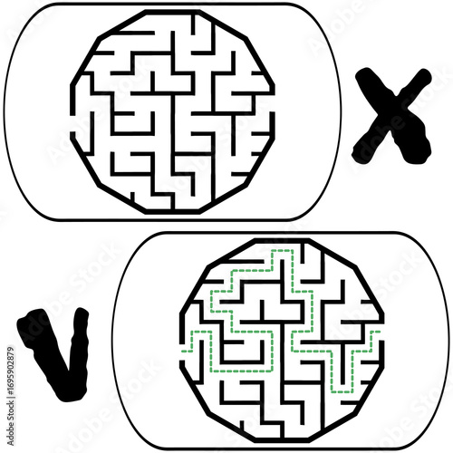 Illustration with labyrinth, maze conundrum for kids. Baby puzzle with entry and exit. Children puzzle game. Wrong and right for labyrinth.