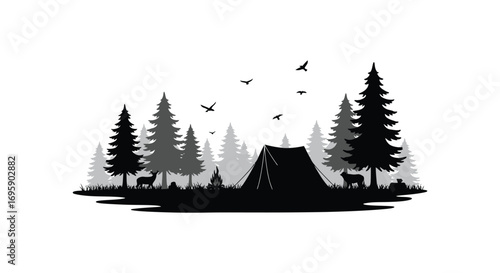 a serene forest scene with tent campfire trees and flying birds