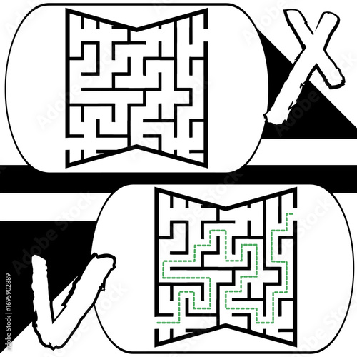 Illustration with labyrinth, maze conundrum for kids. Baby puzzle with entry and exit. Children puzzle game. Wrong and right for labyrinth.