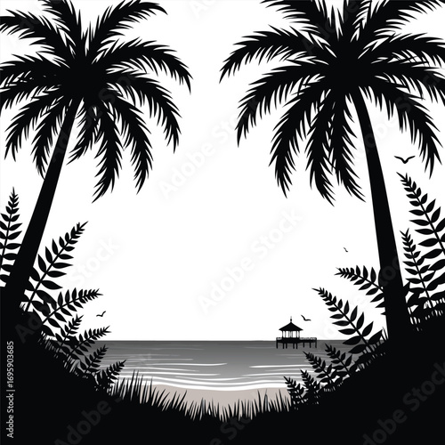 Tropical gazebo on a pier with palm trees and ocean view
