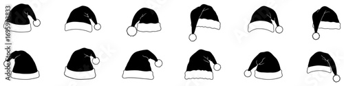 Set of black and white vector icons of Santa Claus hats isolated on white background.