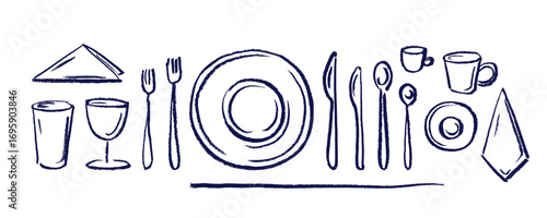 Food plate, fork, spoon and knife, cup. Crayon set