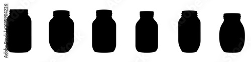 Set of black silhouettes of glass bottles or jars in various shapes. Vector illustration.