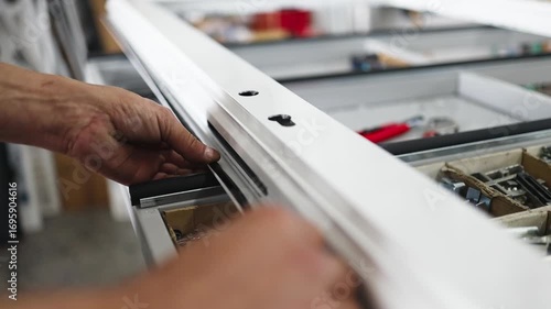 Precision factory worker installing black rubber seal into white aluminum window frame, ensuring tight weatherproof fit with professional craftsmanship and attention to detail