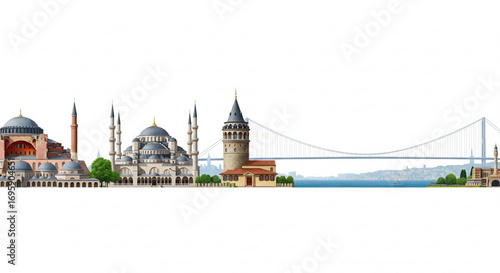 Istanbul landmarks including Hagia Sophia, Blue Mosque, and Galata Tower arranged on pure white background in travel banner style.