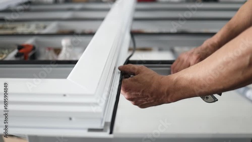 Precision factory worker installing black rubber seal into white aluminum window frame, ensuring tight weatherproof fit with professional craftsmanship and attention to detail
