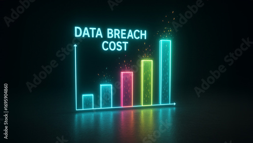 Data Breach Cost: A neon-lit chart vividly illustrates the rising cost of data breaches, a stark visual metaphor for digital risks, cyber security, and data protection