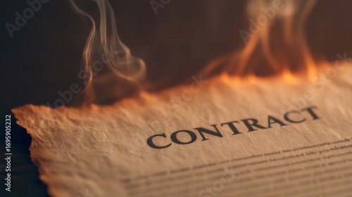 Burning contract with flames and smoke, symbolizing termination, rescission, cancellation, business conflict, and broken deal.
