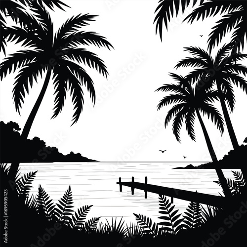 Tropical ocean view with palm trees and a wooden pier silhouette