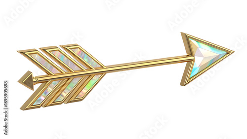 Three dimensional golden arrow icon with iridescent gemstone accents and a crystal clear glass arrowhead isolated on a transparent background
