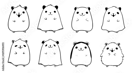 Cute black and white cartoon hamsters with different expressions.