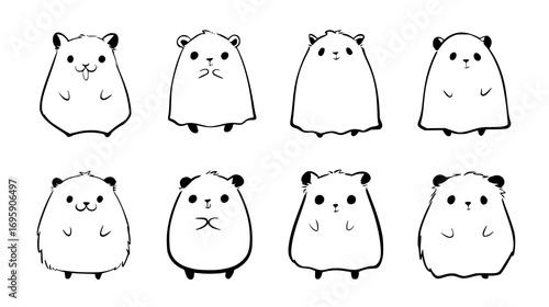 Cute black and white cartoon hamsters with different expressions.