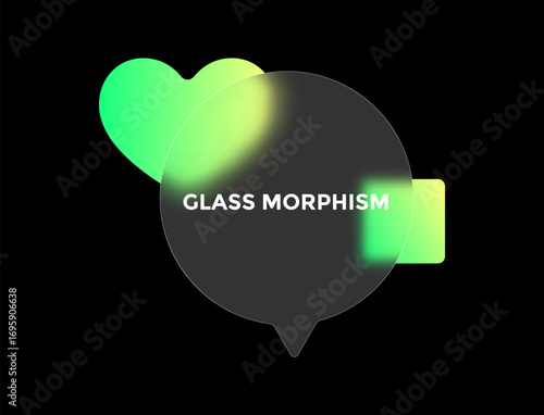 A rounded, semi-transparent speech bubble intersects with bright green geometric figures, showcasing the trendy glass morphism style in a modern digital design context.