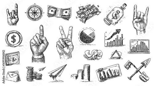 Hand-drawn sketch of various business and finance symbols, including hands making gestures, money stacks, charts, and a globe.