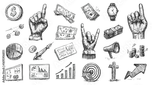 Hand-drawn sketch of various business and finance symbols, including hands making gestures, money stacks, charts, and a globe.