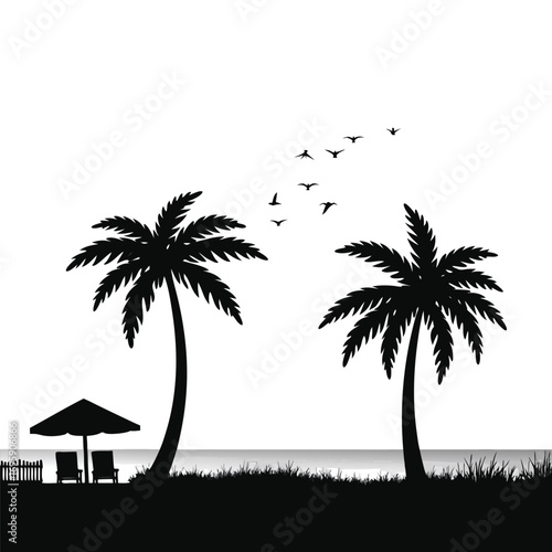 Two palm trees with beach chairs and umbrella silhouette