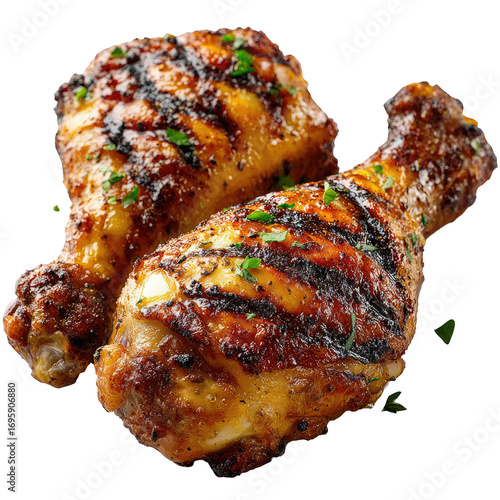 Two Very Grilled Chicken Drumsticks with Distinct Texture on Transparent Background