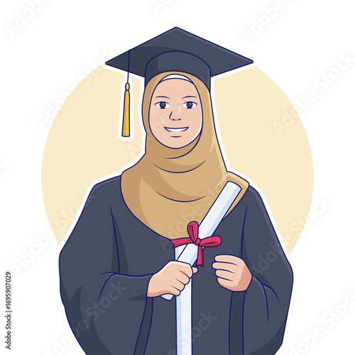 Cartoon illustration of a happy muslim female student wearing graduation cap gown
