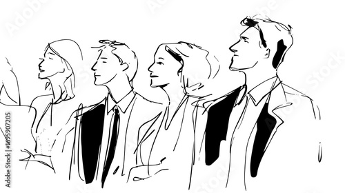 Black and white sketch of five people standing in a row, looking forward. doodle style vector lines 