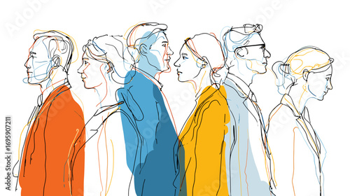 Abstract sketch of diverse group of people in colorful attire.
