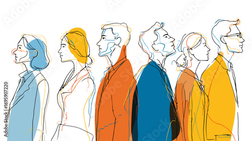 Abstract sketch of diverse group of people in colorful attire. doodle style vector 