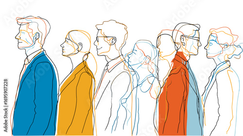 Abstract sketch of diverse group of people in colorful attire.