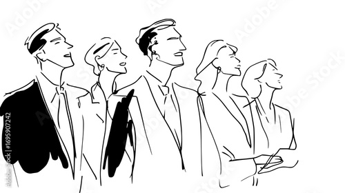 Black and white sketch of five people standing in a row, looking forward. doodle style vector lines 