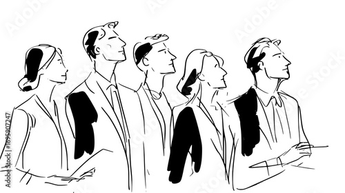 Black and white sketch of five people standing in a row, looking forward. doodle style vector lines 