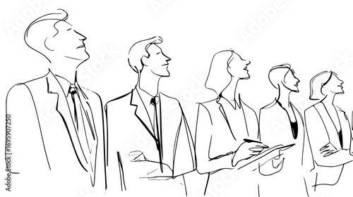 Black and white sketch of five people standing in a row, looking forward.