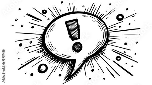 Hand-drawn exclamation mark in speech bubble with doodle elements.