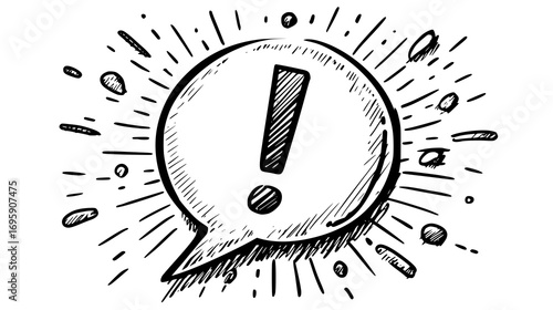 Hand-drawn exclamation mark in speech bubble with doodle elements.