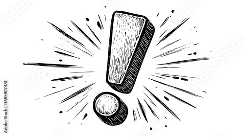 Hand-drawn exclamation mark in speech bubble with doodle elements.