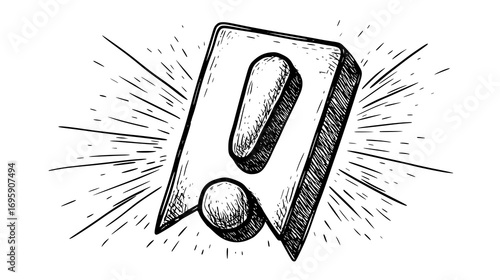 Hand-drawn exclamation mark in speech bubble with doodle elements.