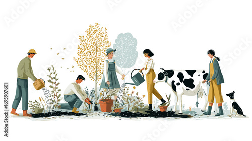 Illustration of people gardening and tending to animals, including a cow and a dog, in a rural setting with plants and trees.