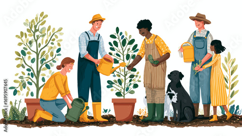 Illustration of people gardening and tending to animals, including a cow and a dog, in a rural setting with plants and trees.