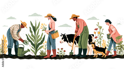 Illustration of people gardening and tending to animals, including a cow and a dog, in a rural setting with plants and trees.