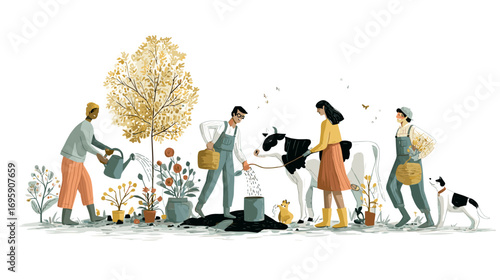 Illustration of people gardening and tending to animals, including a cow and a dog, in a rural setting with plants and trees.
