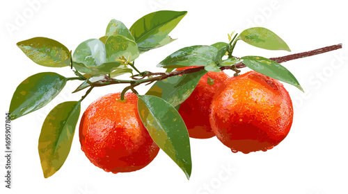 Illustration of three ripe oranges with green leaves on a branch.