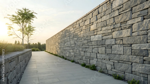 Wallpaper Mural Modern stone wall pathway with trees and soft sunlight in an outdoor landscape Torontodigital.ca