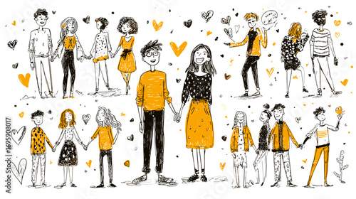 Illustration of diverse couples holding hands, with hearts and abstract elements.