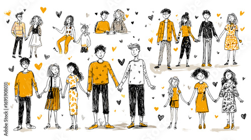Illustration of diverse couples holding hands, with hearts and abstract elements.