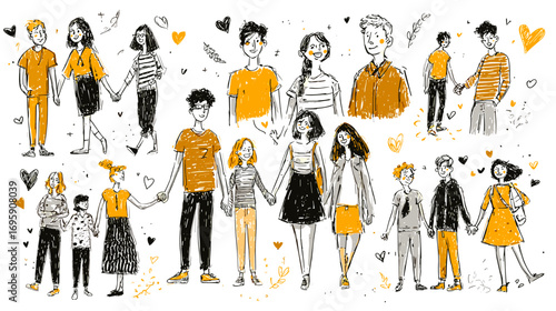 Illustration of diverse couples holding hands, with hearts and abstract elements.