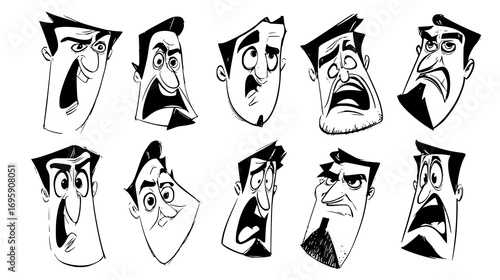A collection of cartoonish male faces displaying various exaggerated emotions such as anger, surprise, and confusion