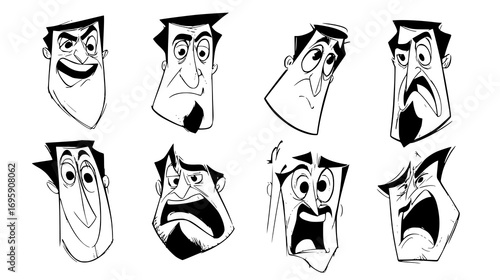 A collection of cartoonish male faces displaying various exaggerated emotions such as anger, surprise, and confusion