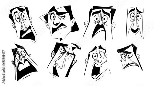 A collection of cartoonish male faces displaying various exaggerated emotions such as anger, surprise, and confusion