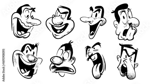 A collection of cartoonish male faces displaying various exaggerated emotions such as anger, surprise, and confusion