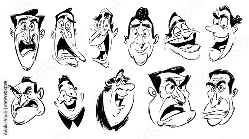 A collection of cartoonish male faces displaying various exaggerated emotions such as anger, surprise, and confusion