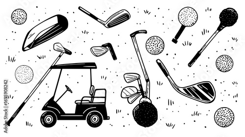 Illustration of a golf cart with golf clubs and balls on grass.